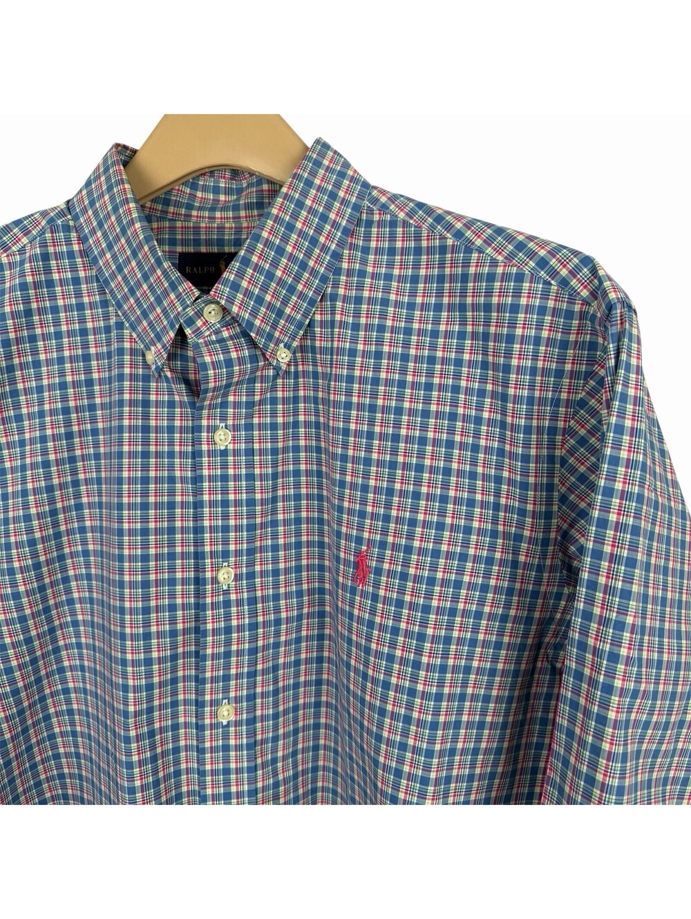 Ralph Lauren Button Down Shirt XL Blue Men Madras Plaid Long Sleeve Performance